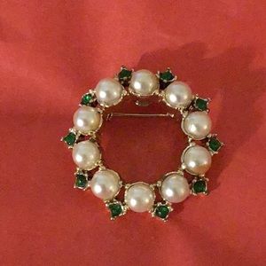 Faux Pearl Brooch with Green Rhinestones